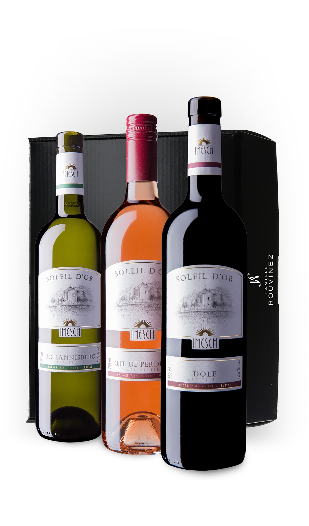 Coffret 3 bouteilles Soleil d'Or (Johannisberg, Oeil-de-Perdrix, Dôle)